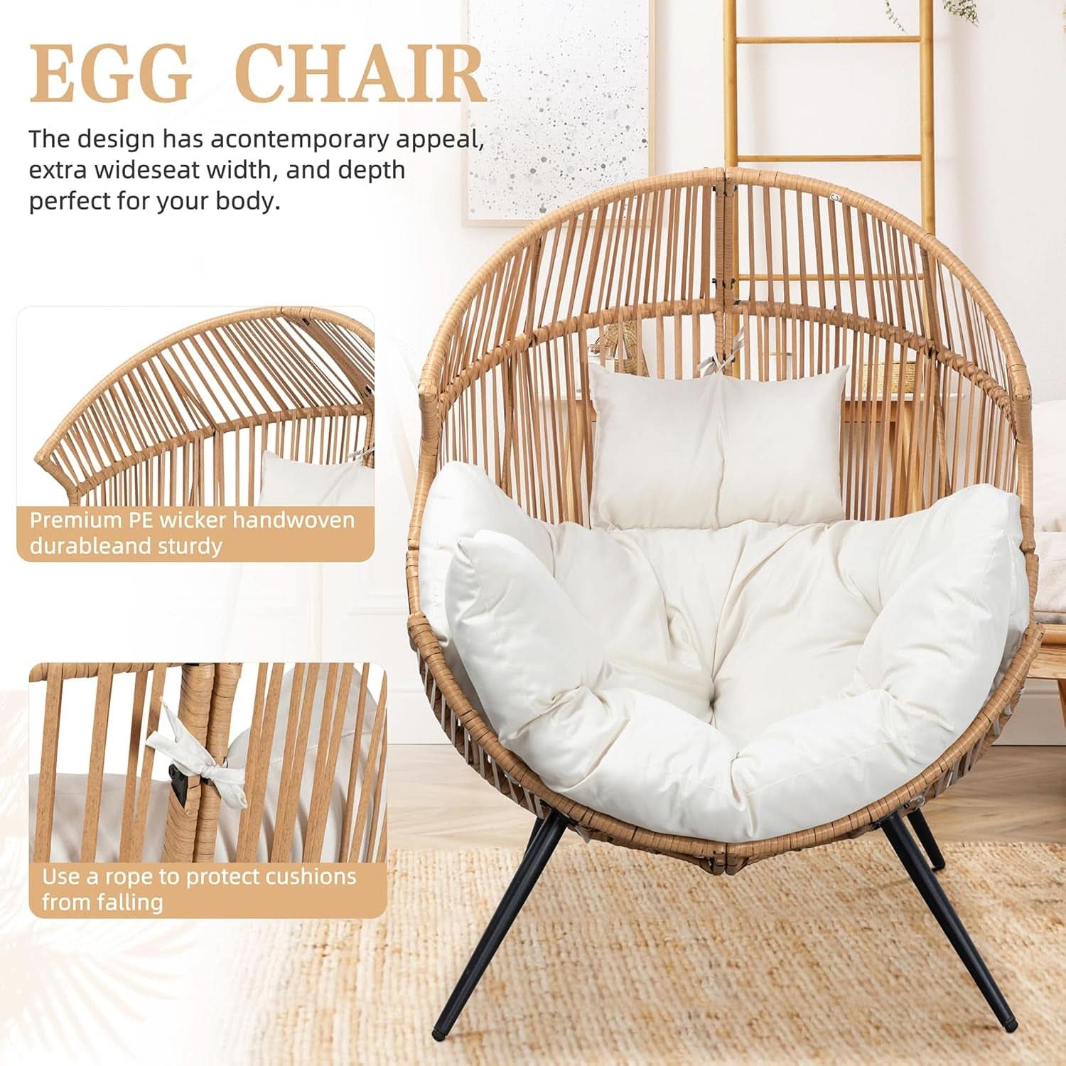 Beige Wicker Egg Chair With Cushion Outdoor Lounge